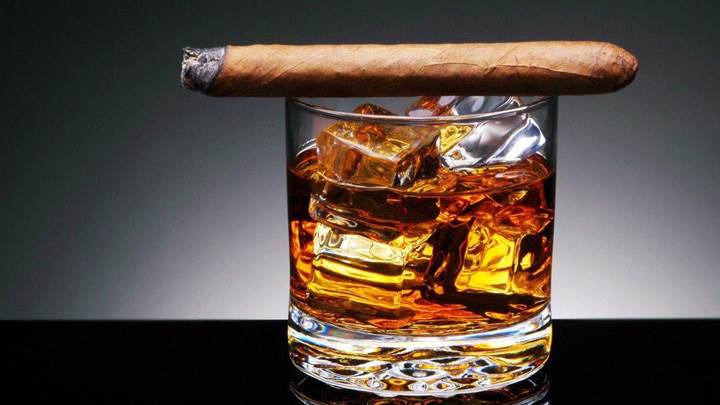 Cigar And Ice Cubes In Whisky